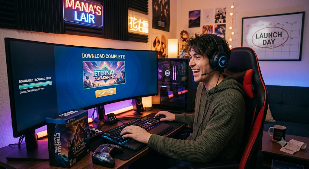 ゲームの発売日にダウンロードして遊ぶ男性の画像