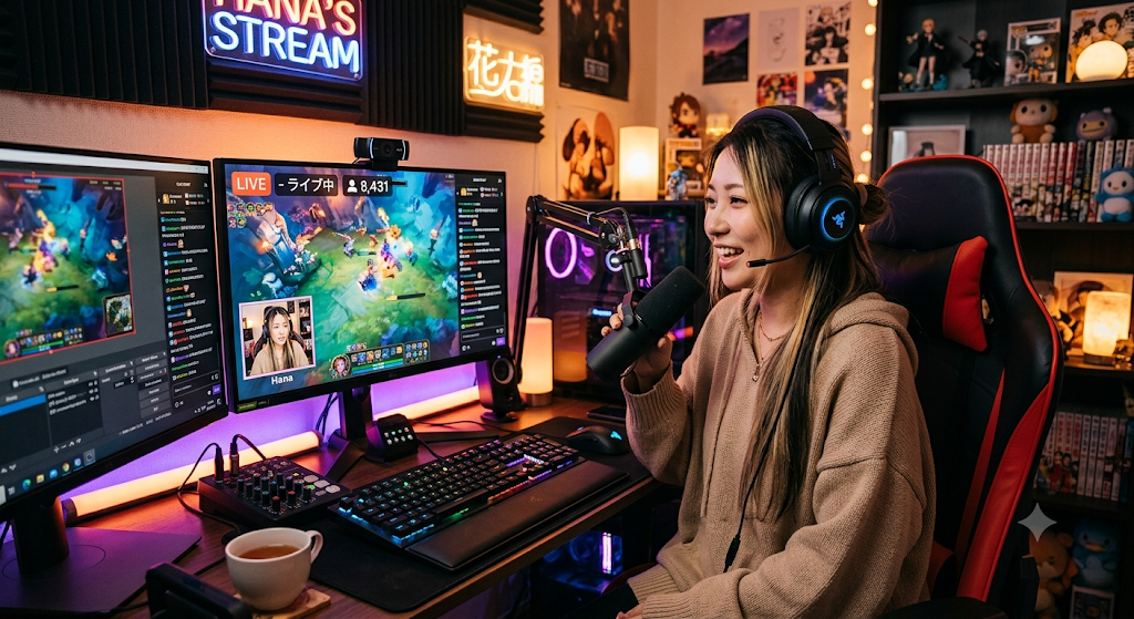 自宅でゲーム配信をしている女性の画像
